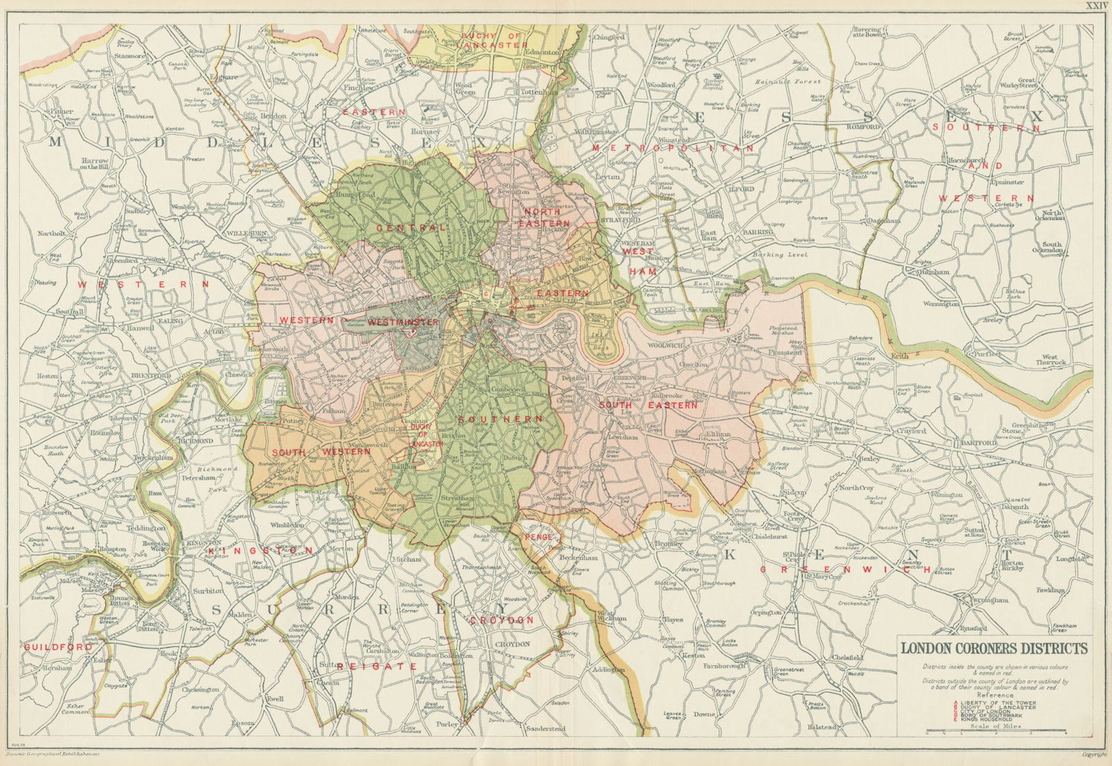 LONDON CORONERS DISTRICTS. Vintage map. BACON 1934 old vintage plan chart